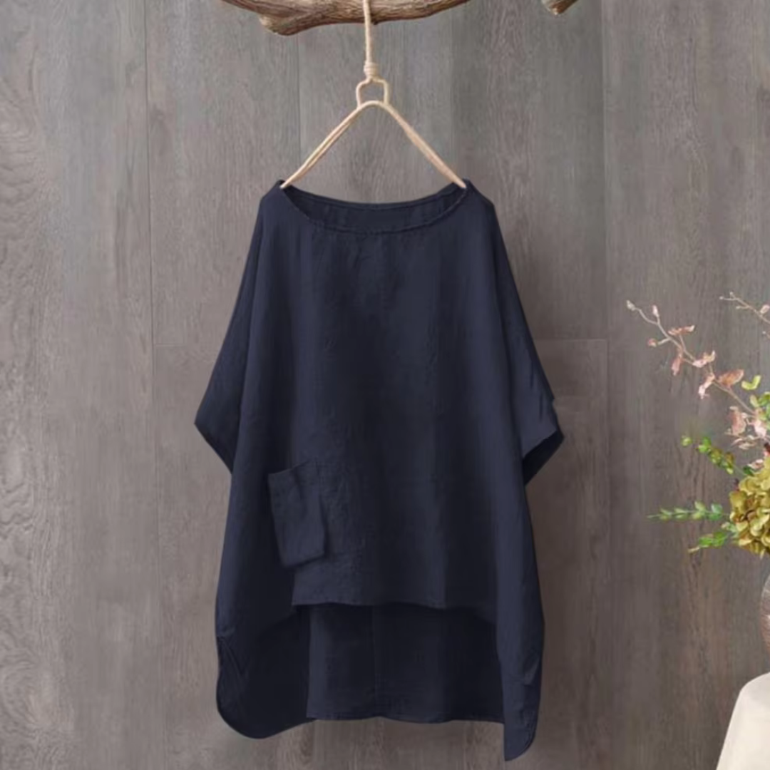 Women's Linen Tunic Top - Relaxed Fit - High-Low Hem - 3/4 Sleeve Lightweight Linen Blend