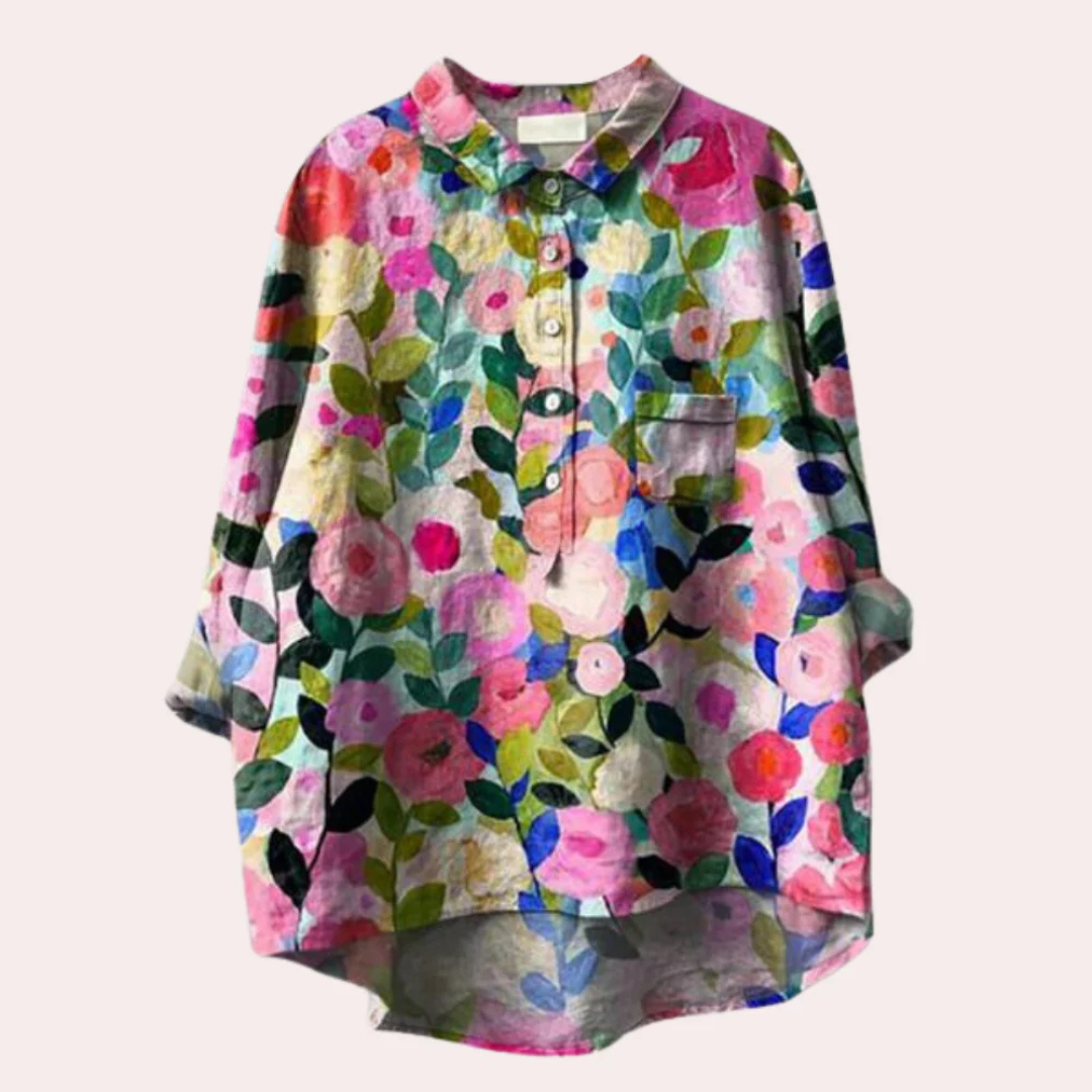 Women’s Blouse – Relaxed Fit – Floral Print – Natural Fibers – Button Front – Tunic Length