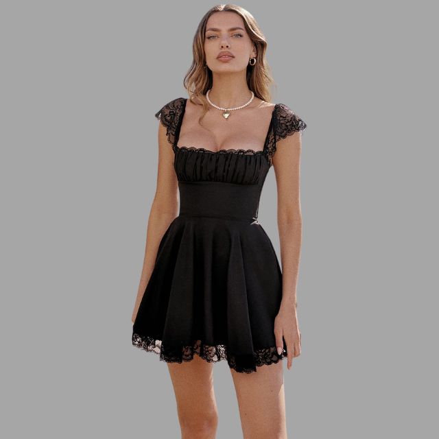 Women's Dress - Square Neck - Lace Accents - Puff Sleeve - A-Line Elegant Fit