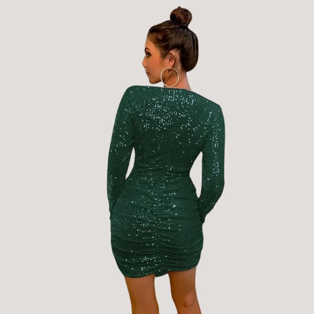 Women's Mini Dress - Sequined Bodycon - Plunging V-Neck - Long Sleeve Party Wear