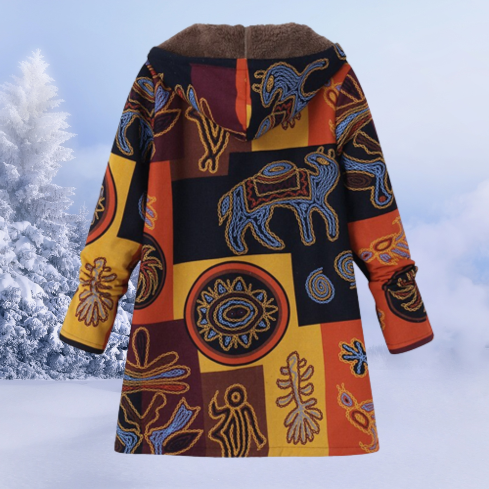 Women's retro print color block plush hooded zipper coat
