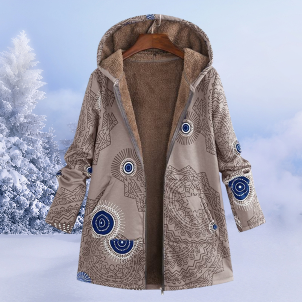 Women's retro print color block plush hooded zipper coat