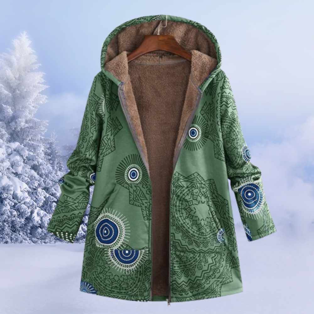 Women's retro print color block plush hooded zipper coat