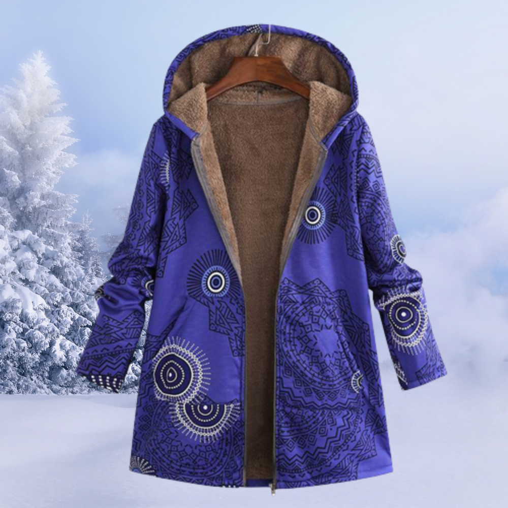 Women's retro print color block plush hooded zipper coat