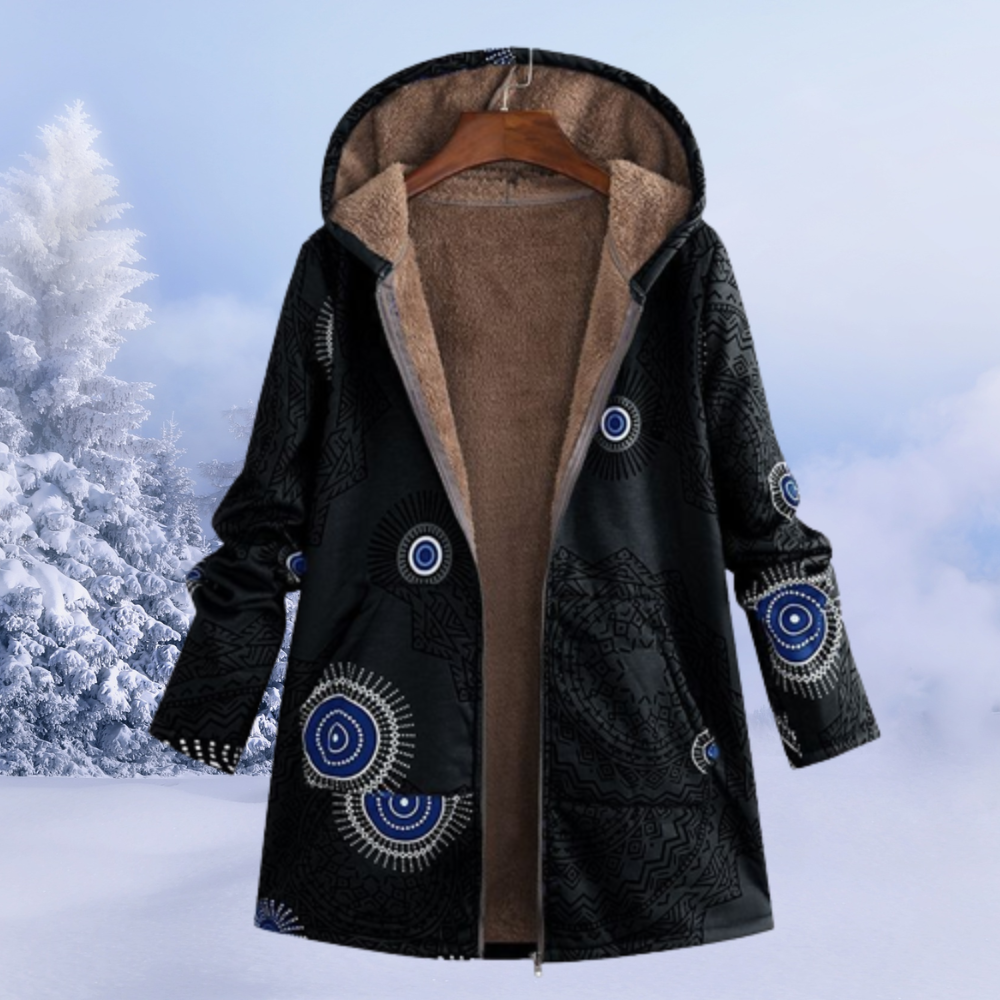 Women's retro print color block plush hooded zipper coat