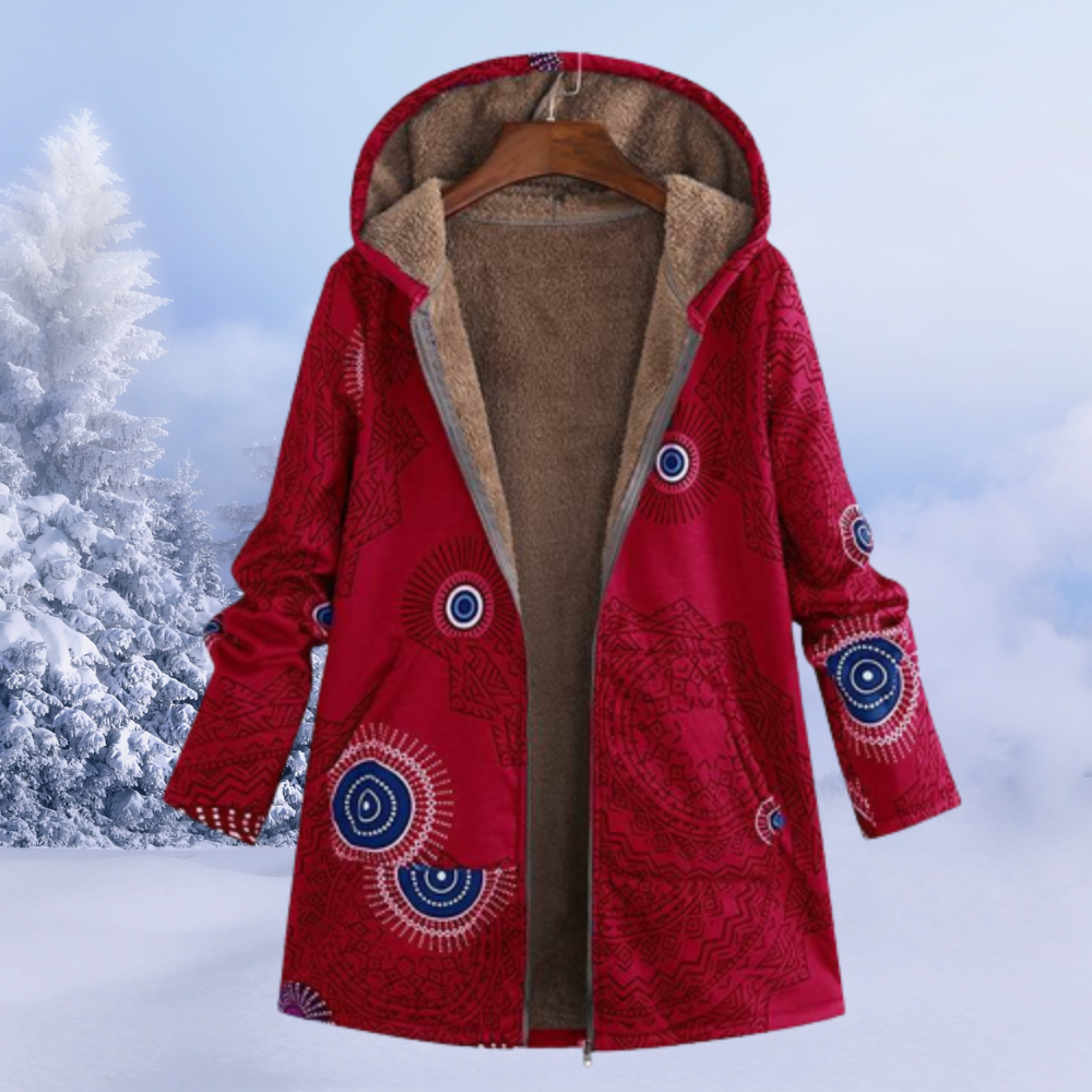 Women's retro print color block plush hooded zipper coat