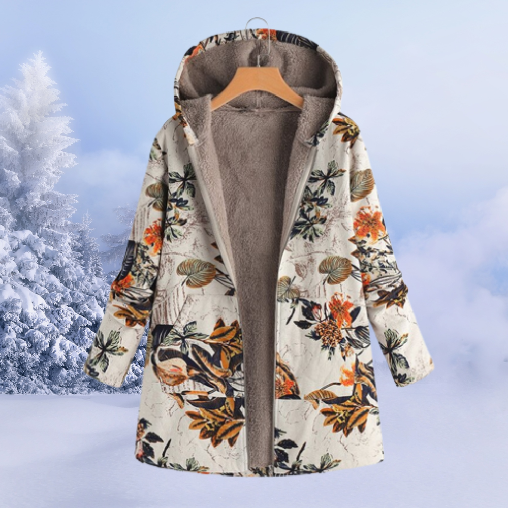 Women's retro print color block plush hooded zipper coat