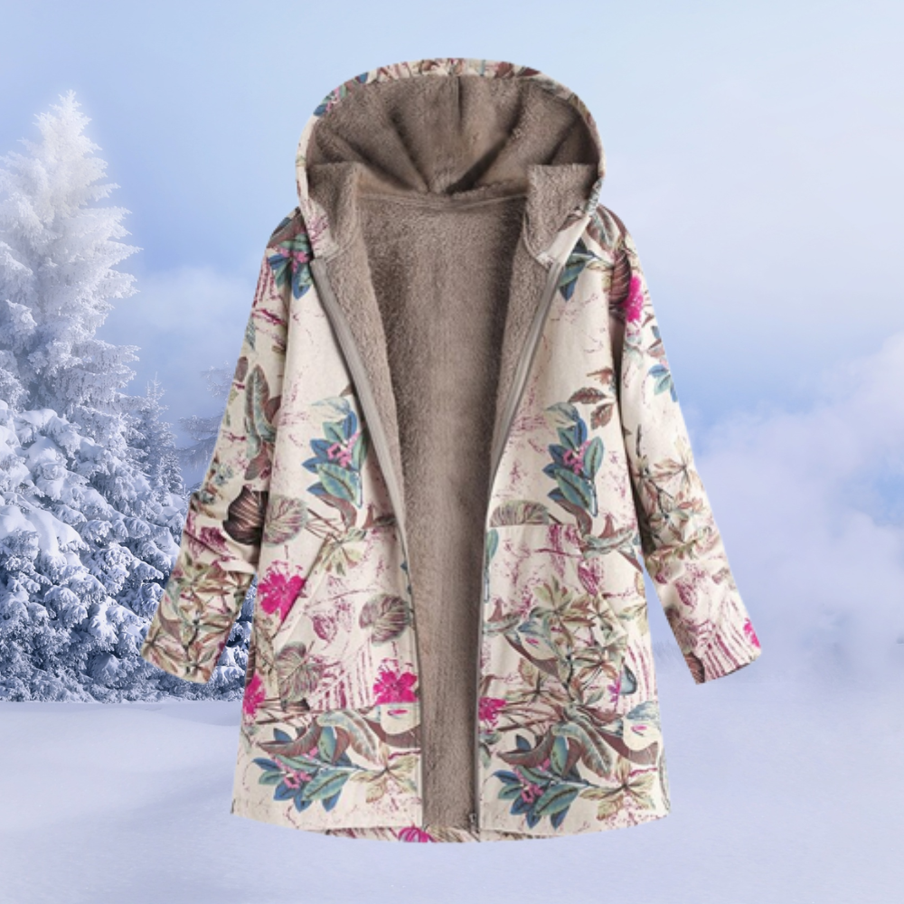 Women's retro print color block plush hooded zipper coat