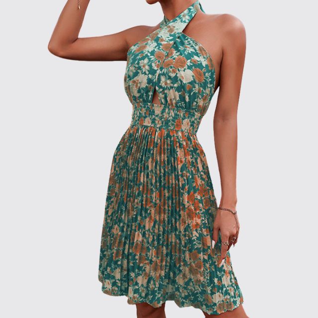 Women's Halter Neck Dress - Floral Print - Cutout Front - Flowy Above Knee Fit