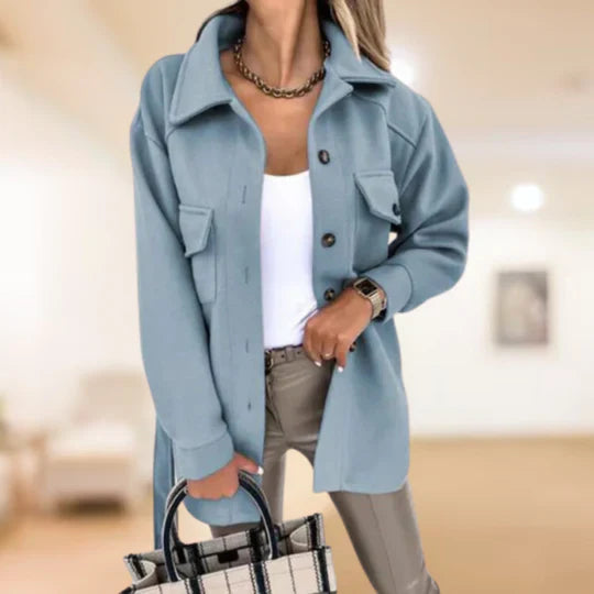 Women's lapel trench coat with button closure and belt