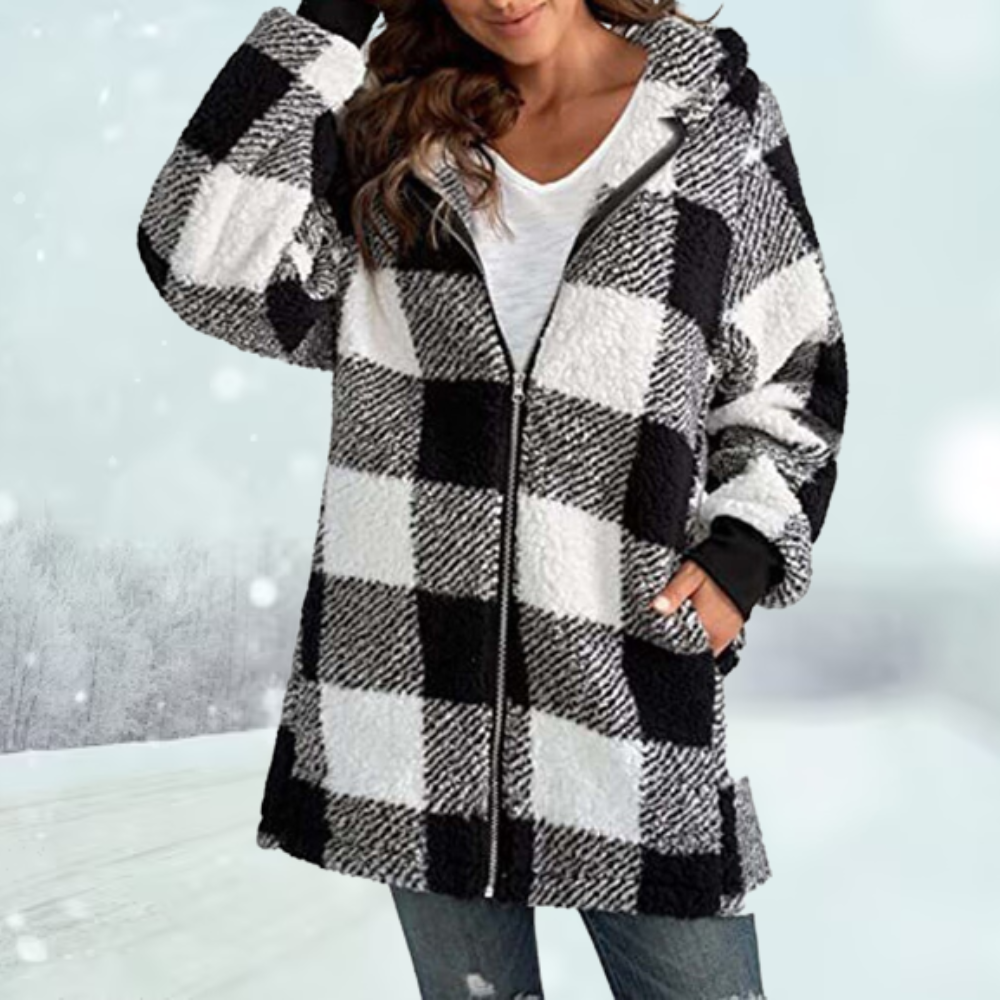 Women's warm checked winter hooded jacket with zip