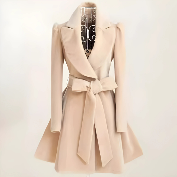 Women’s Coat – Slim Fit Belted Waist – Flared A-Line Skirt – Wool Feel – Wide Collar