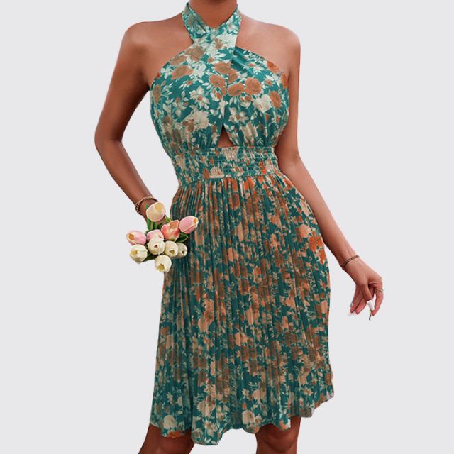 Women's Halter Neck Dress - Floral Print - Cutout Front - Flowy Above Knee Fit