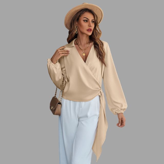 Women's Wrap Blouse - V-Neck - Long Sleeve - Asymmetrical Hem - Tie Detail