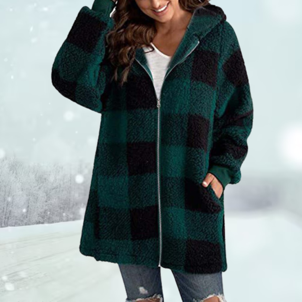 Women's warm checked winter hooded jacket with zip