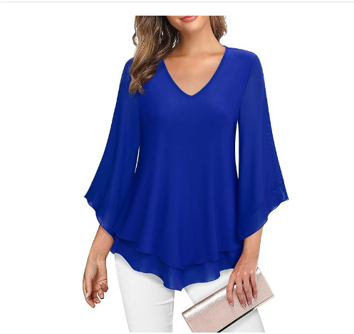 Women's Blouse - V-Neck Layered Design - Loose Bell Sleeves - Flowy Elegant Fit