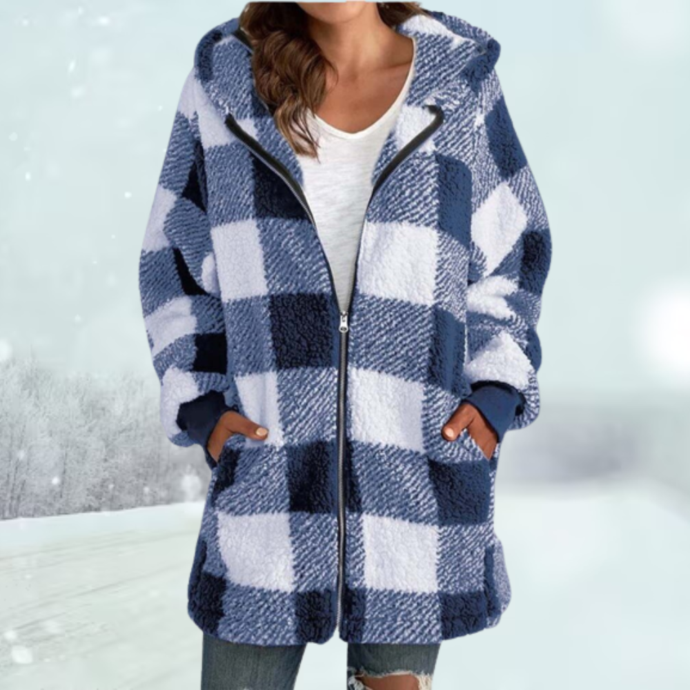 Women's warm checked winter hooded jacket with zip