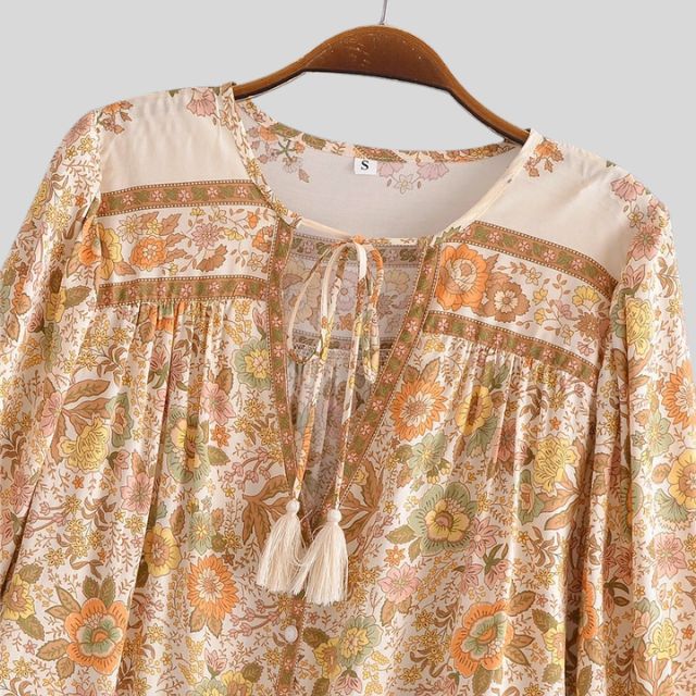Women's Bohemian Blouse - Floral Print - Long Sleeve - Loose Fit - V-Neck Tassel Detail