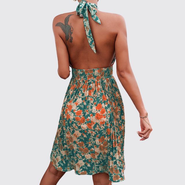 Women's Halter Neck Dress - Floral Print - Cutout Front - Flowy Above Knee Fit