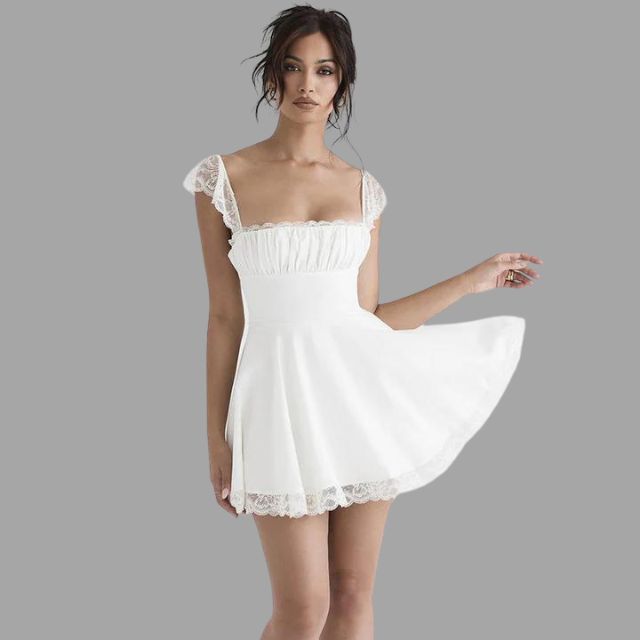 Women's Dress - Square Neck - Lace Accents - Puff Sleeve - A-Line Elegant Fit