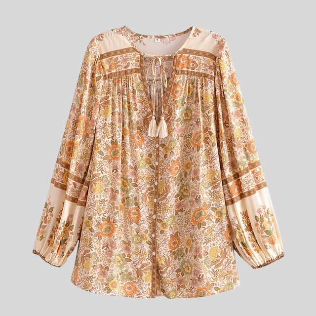 Women's Bohemian Blouse - Floral Print - Long Sleeve - Loose Fit - V-Neck Tassel Detail