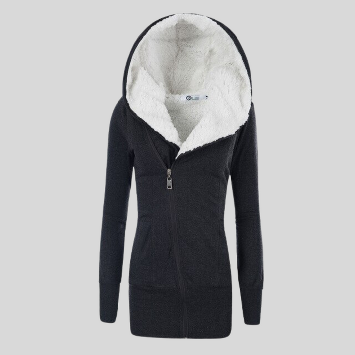 Women's winter hooded jacket with slant zip closure