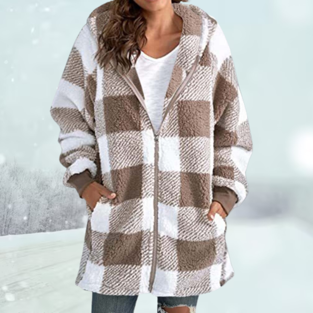 Women's warm checked winter hooded jacket with zip
