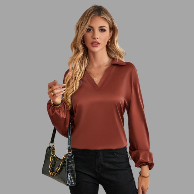 Women's Blouse - V-Neck with Collar - Relaxed Fit - Long Sleeves