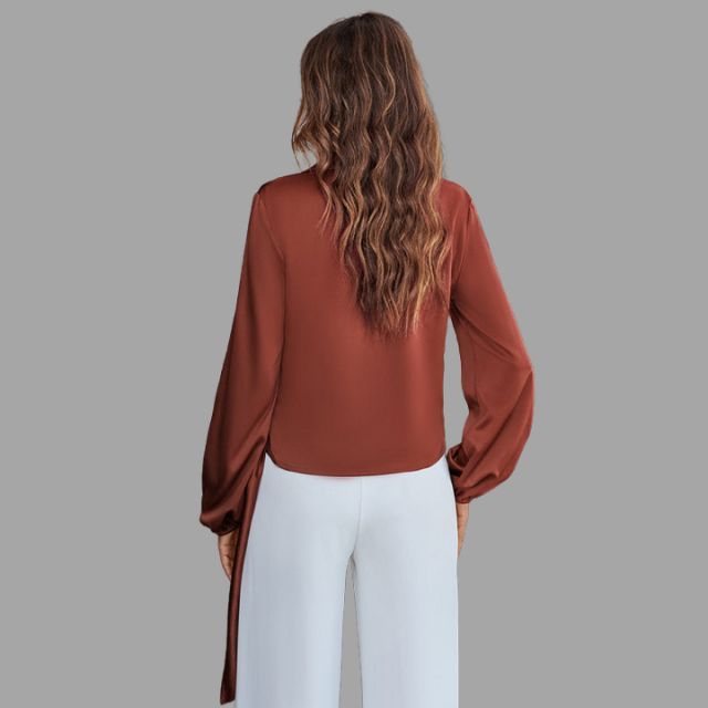Women's Wrap Blouse - V-Neck - Long Sleeve - Asymmetrical Hem - Tie Detail