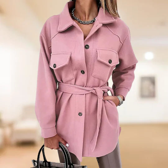 Women's lapel trench coat with button closure and belt