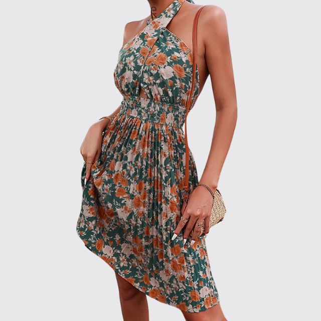 Women's Halter Neck Dress - Floral Print - Cutout Front - Flowy Above Knee Fit