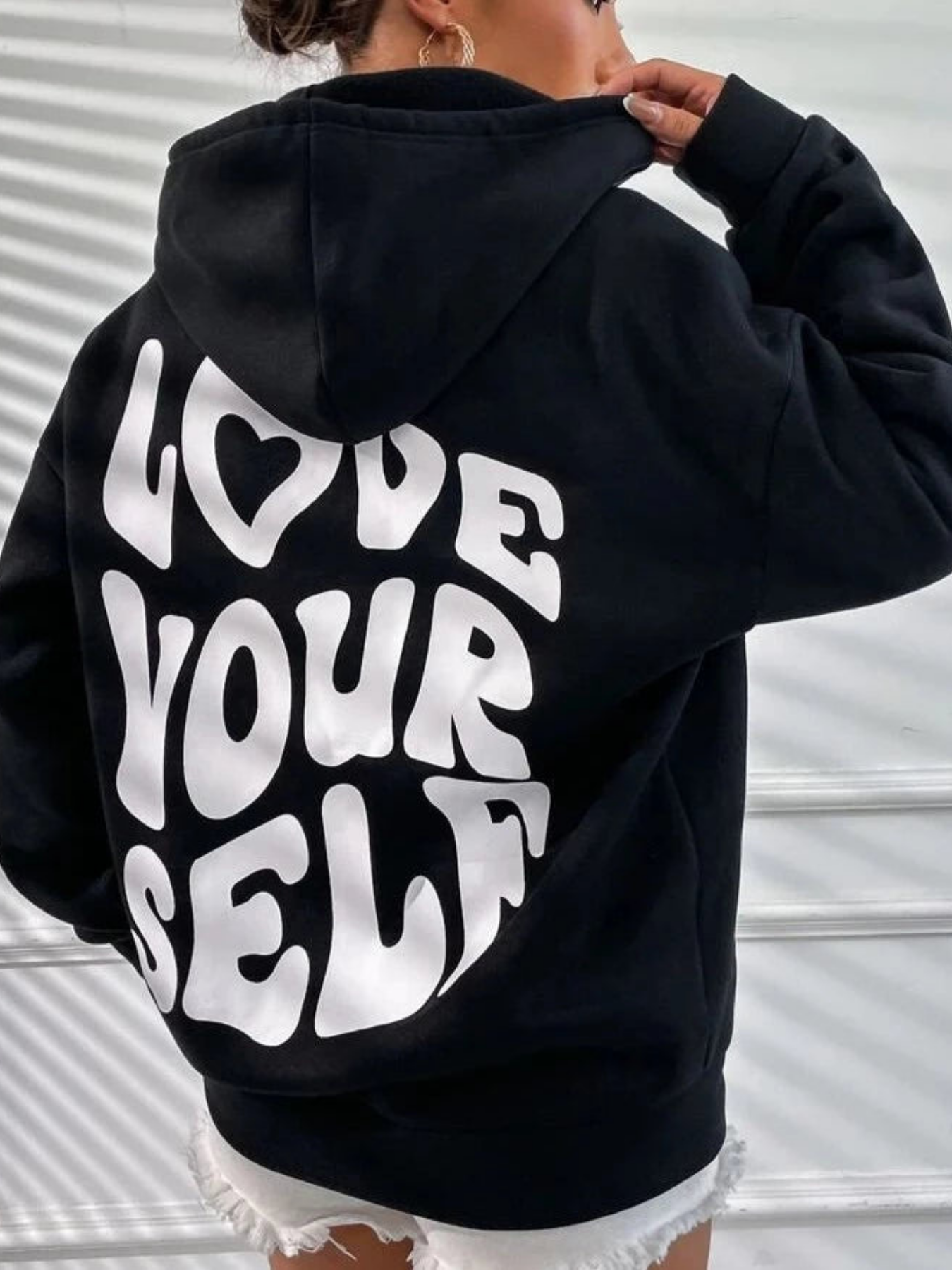 Women's drop shoulder hoodie with 'Love Yourself' back print