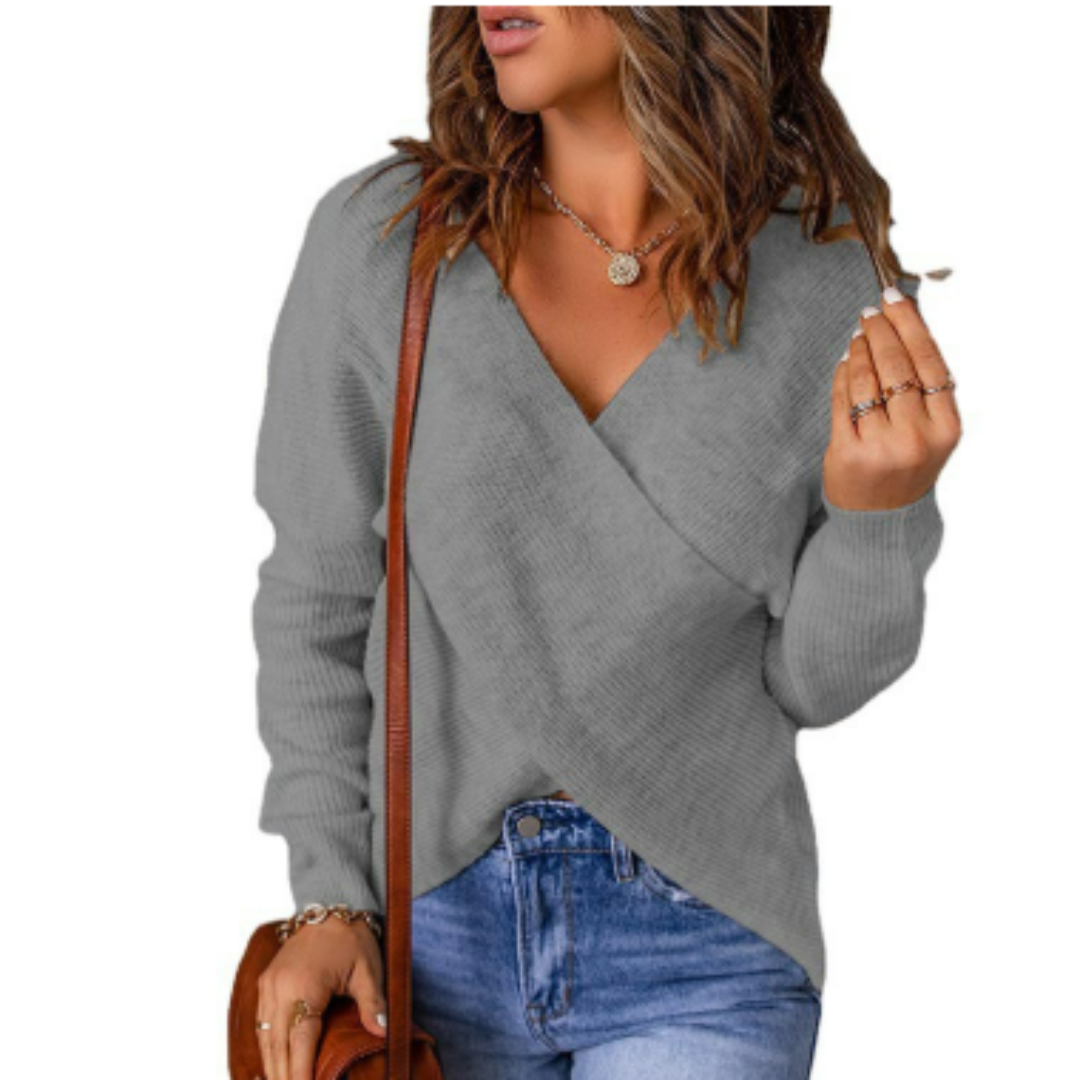 Women’s Sweater – Relaxed Fit Knit – Crossed Front Wrap – Long Sleeve Casual Style