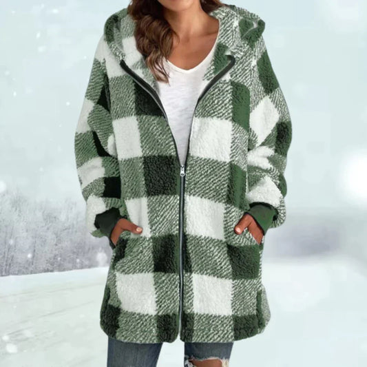Hooded Plaid Fleece Sherpa Jacket