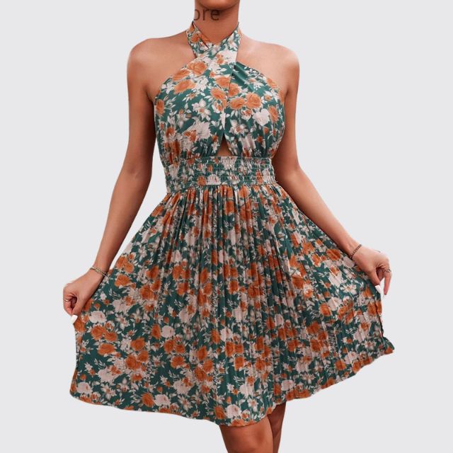 Women's Halter Neck Dress - Floral Print - Cutout Front - Flowy Above Knee Fit