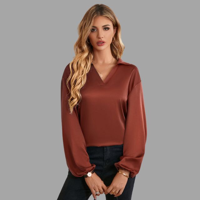 Women's Blouse - V-Neck with Collar - Relaxed Fit - Long Sleeves