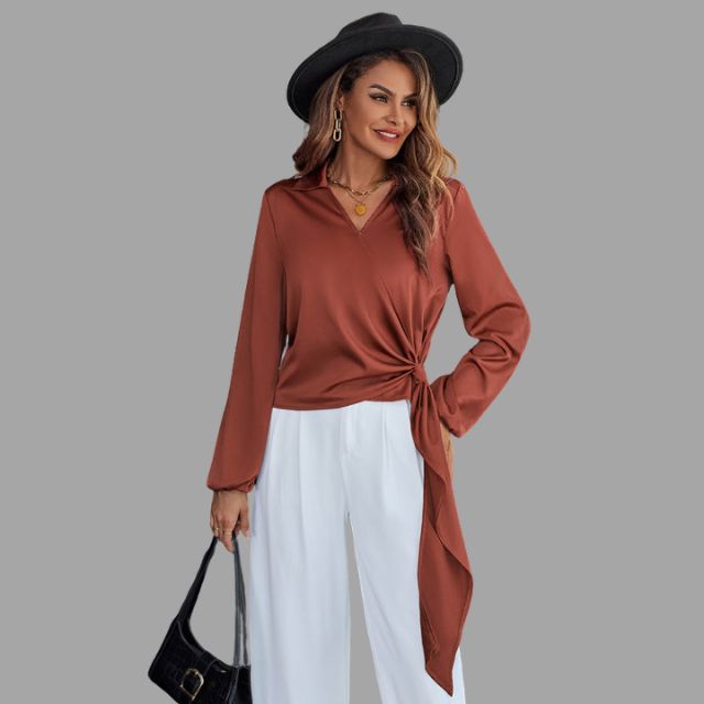 Women's Wrap Blouse - V-Neck - Long Sleeve - Asymmetrical Hem - Tie Detail