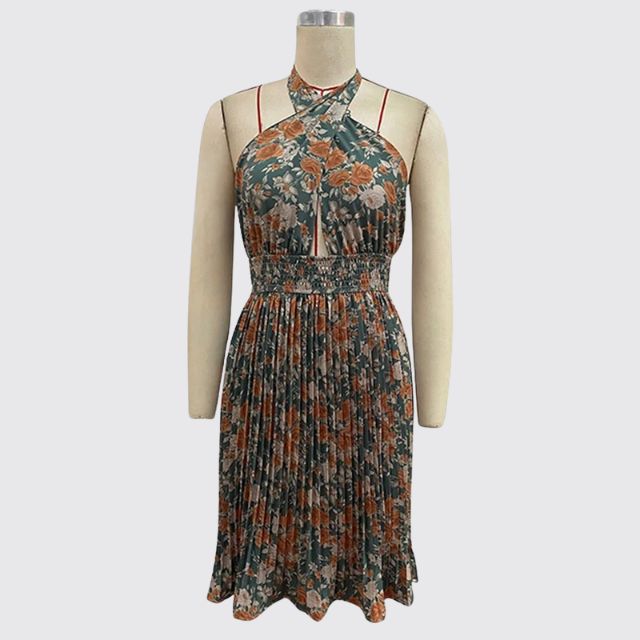 Women's Halter Neck Dress - Floral Print - Cutout Front - Flowy Above Knee Fit