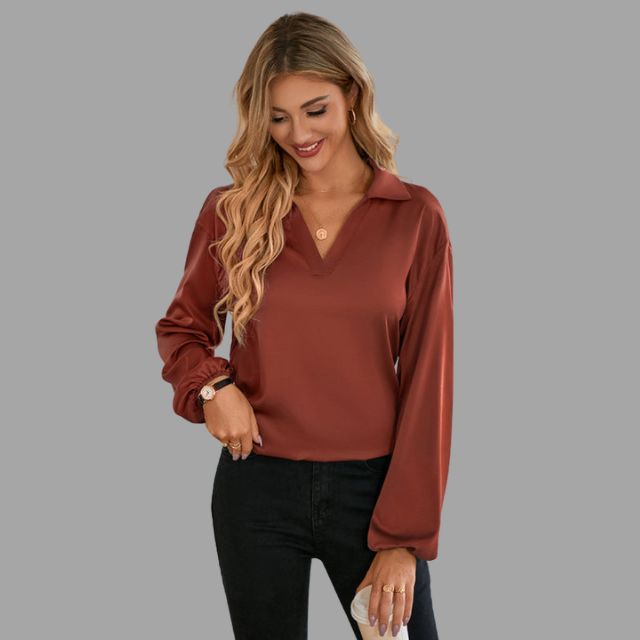 Women's Blouse - V-Neck with Collar - Relaxed Fit - Long Sleeves