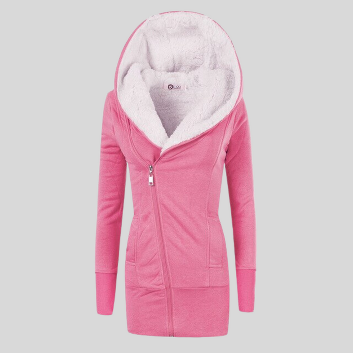 Women's winter hooded jacket with slant zip closure