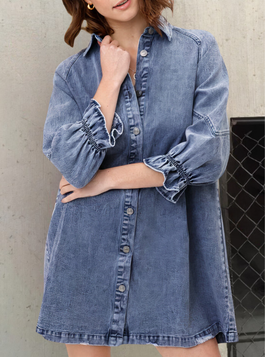Women's Denim Shirt Dress - Button Down - Long Sleeve - Relaxed Fit Classic Style