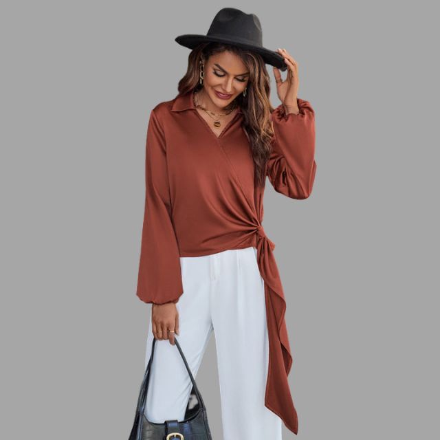 Women's Wrap Blouse - V-Neck - Long Sleeve - Asymmetrical Hem - Tie Detail