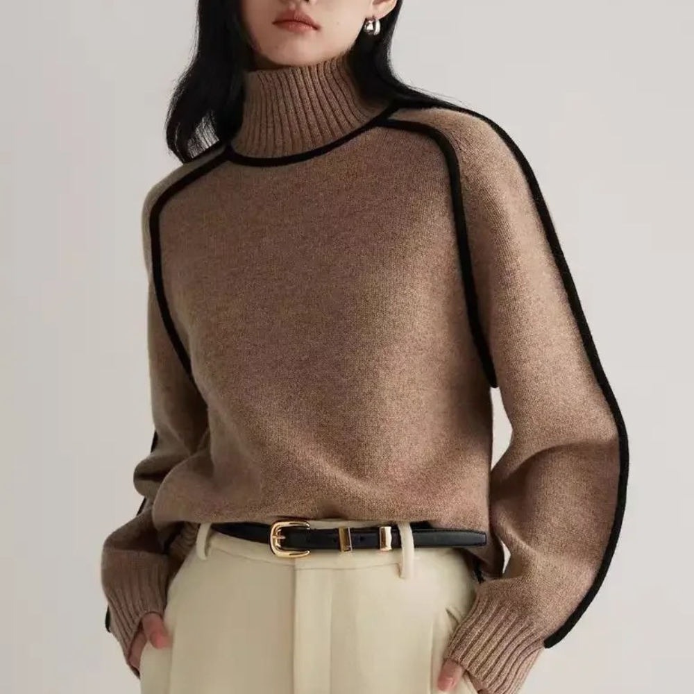 Women's half-high neck striped pullover knit sweater