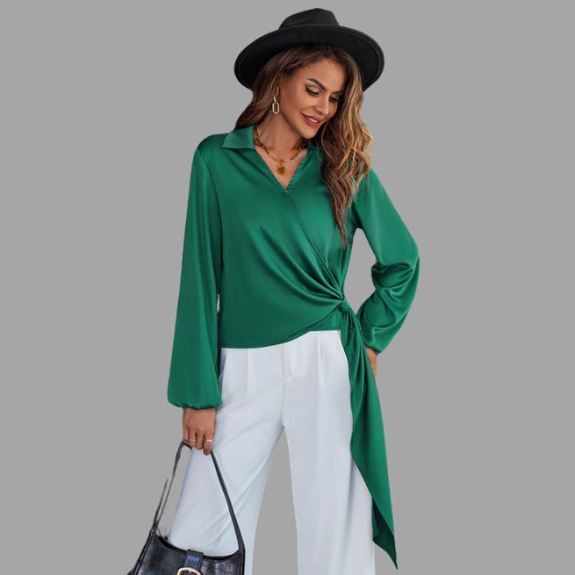 Women's Wrap Blouse - V-Neck - Long Sleeve - Asymmetrical Hem - Tie Detail