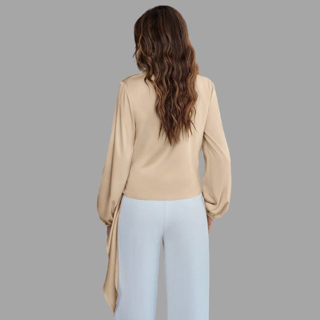 Women's Wrap Blouse - V-Neck - Long Sleeve - Asymmetrical Hem - Tie Detail