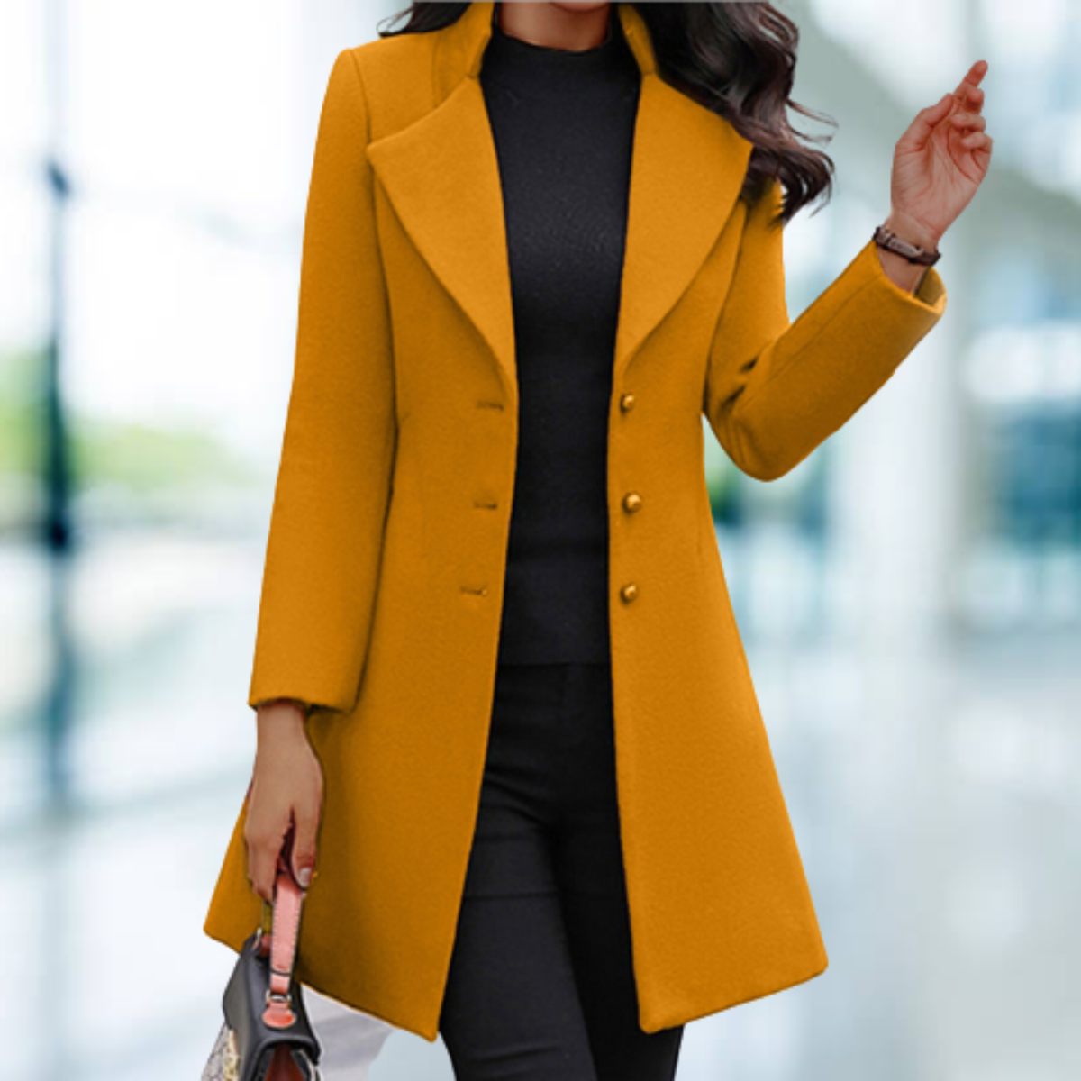 Women's solid color slim woolen coat with lapel