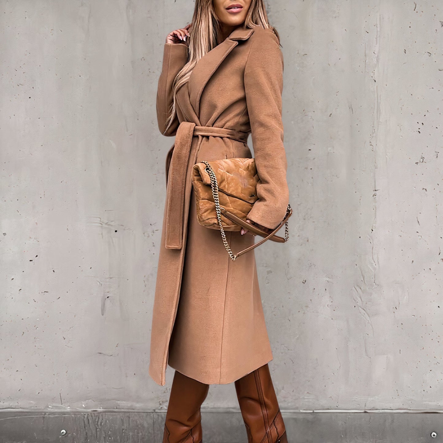 Women's knee-length belted lapel trench coat