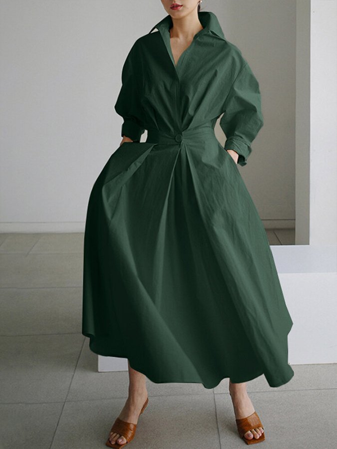 Women’s Midi Shirt Dress – Belted Waist – Collared Neck – Long Sleeve – Button Front