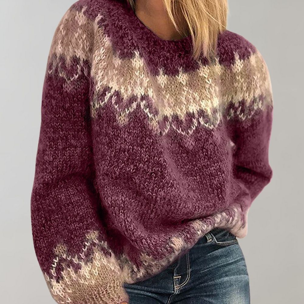 Women’s Chunky Knit Sweater – Oversized Fit – Wool Blend – Zigzag Pattern – Round Neck