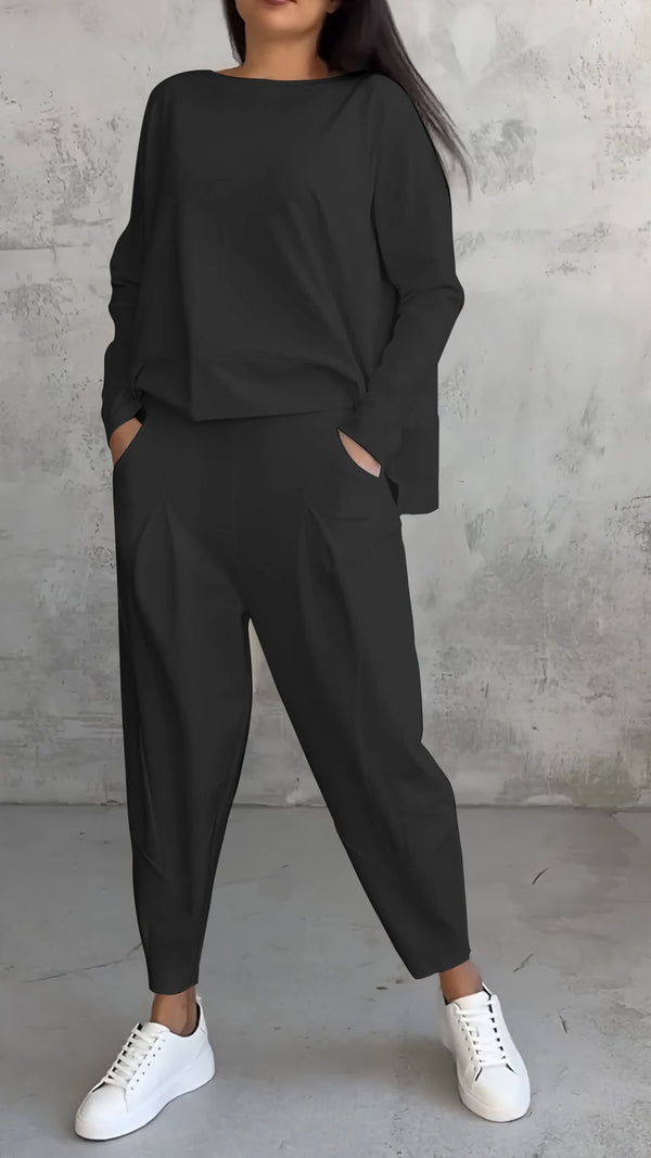 Women's Two-Piece Lounge Set - Loose Fit Long-Sleeve Top & Tapered Pants - Casual Wear